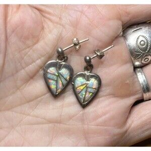 Vintage Opal Inlay Heart Sterling Silver Drop Earrings Native American Pierced
